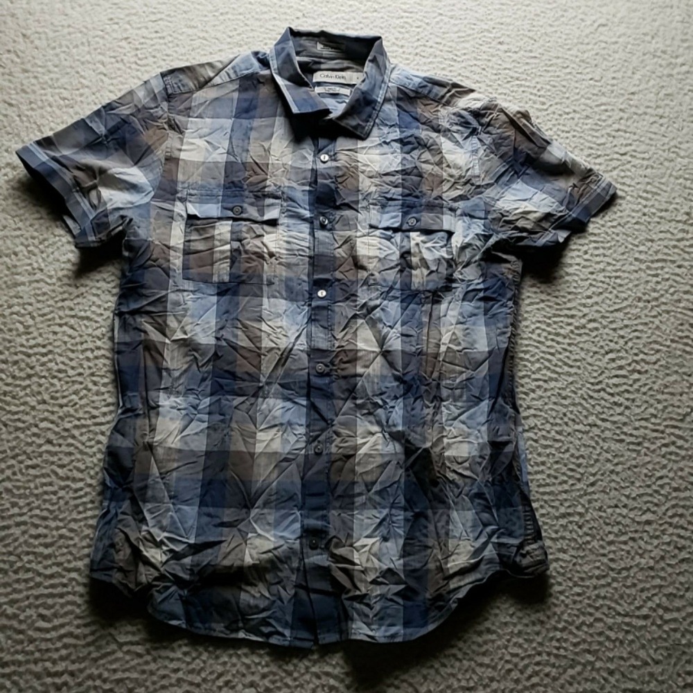 Calvin Klein Shirt Mens Medium Blue Plaid Short Sleeve Body Fit Button-Up Casual
